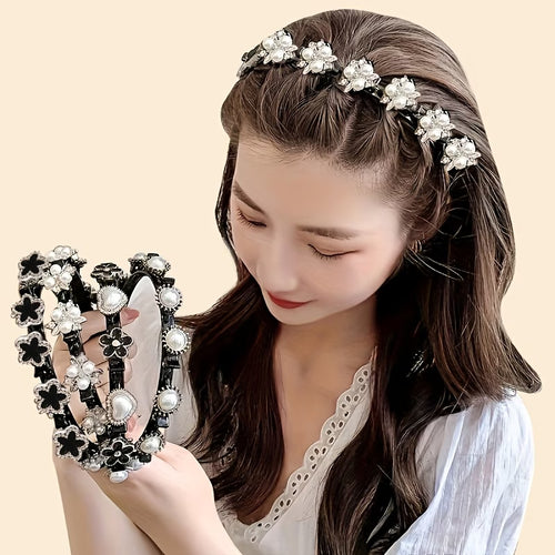 4pcs of Women'S Woven Flower Hair Bands And Clips, Satin Rhinestone Pearl Duckbill Hairpins, Easy Hairstyle Accessories for Women to Pair with Braids And Updos.
