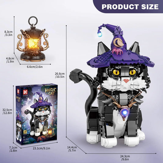 Magic Cat Creative Building Blocks Set, with  Cute Cat with Wizard Hat & Glowing Lantern