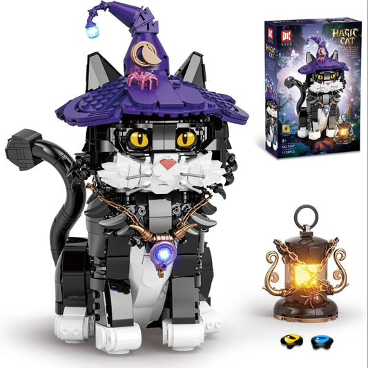 Magic Cat Creative Building Blocks Set, with  Cute Cat with Wizard Hat & Glowing Lantern